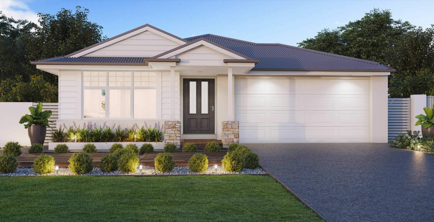 Modern single-story house with white siding, a gray metal roof, and a two-car garage. The front yard features landscaped bushes, a stone pathway, and exterior lighting.