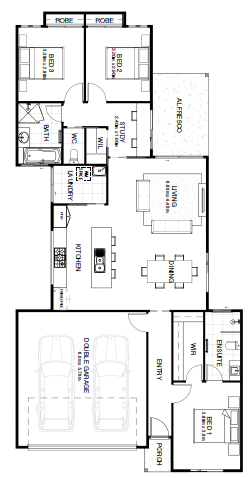 Floor plan of a single-story house with a double garage, three bedrooms, two bathrooms, kitchen, living and dining area, laundry, and alfresco area.
