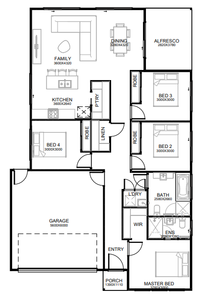 Floor plan of a house with labeled areas including a garage, four bedrooms, kitchen, family room, dining area, alfresco, laundry, two bathrooms, porch, and other storage spaces. Dimensions are provided for each section.