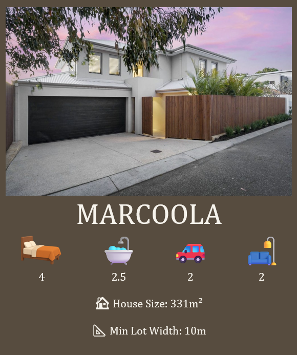 Modern two-story house with a wooden fence and driveway. The text under the image reads "MARCOOLA." Icons and text indicate: 4 bedrooms, 2.5 bathrooms, 2-car garage, 2 living areas. House size is 331 square meters with a minimum lot width of 10 meters.