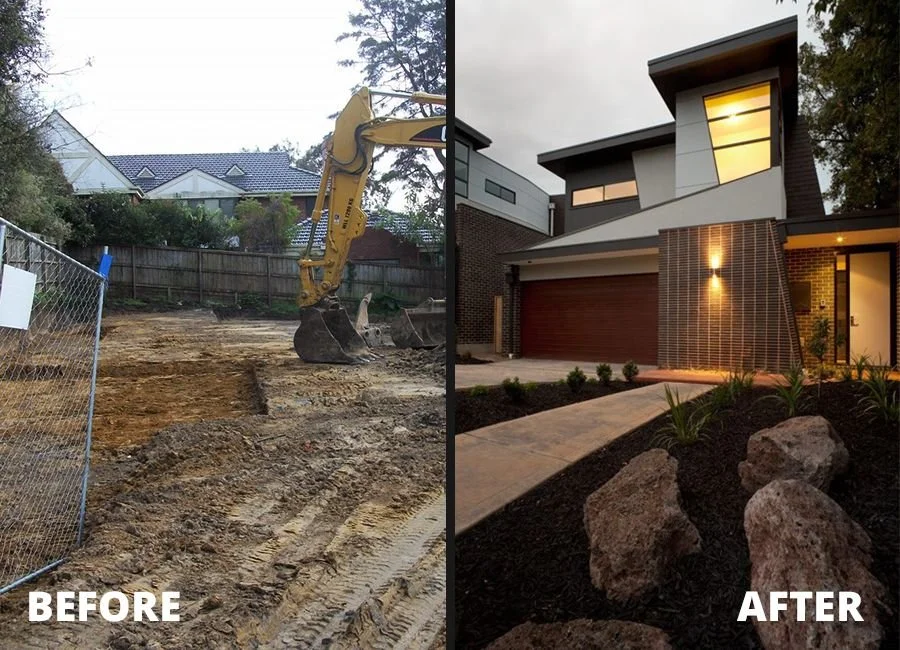 Side-by-side comparison: left shows a construction site with an excavator, and right shows a newly completed modern house with landscaping.