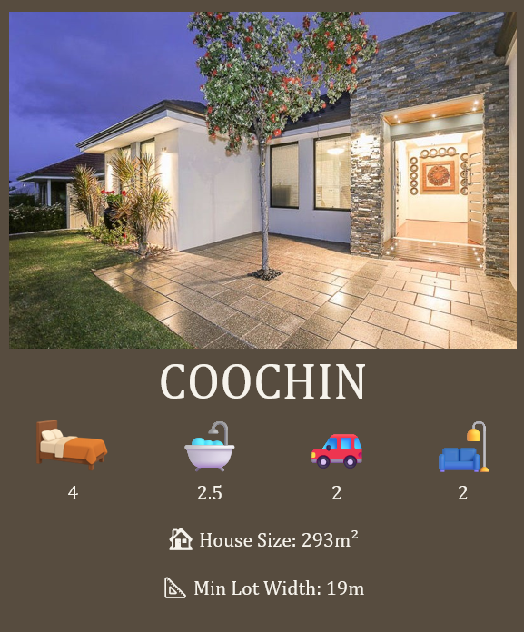 Modern house exterior with pathway, tree, and landscaped yard, featuring "COOCHIN" text and icons indicating 4 bedrooms, 2.5 bathrooms, 2-car garage, 2 living areas, 293m² house size, and 19m minimum lot width.