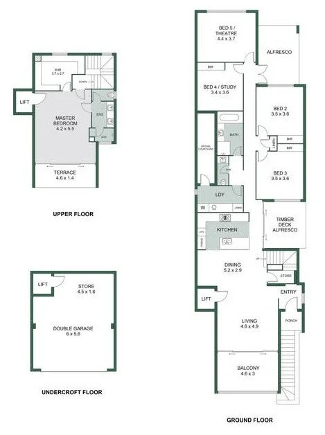 Floor plan of a multi-level house with upper, ground, and undercroft floors. The upper floor features a master bedroom, bathroom, and terrace. The ground floor includes a living room, dining area, kitchen, bedrooms, bathrooms, and timber deck alfresco area. The undercroft floor has a double garage and storage space. A lift connects all levels.