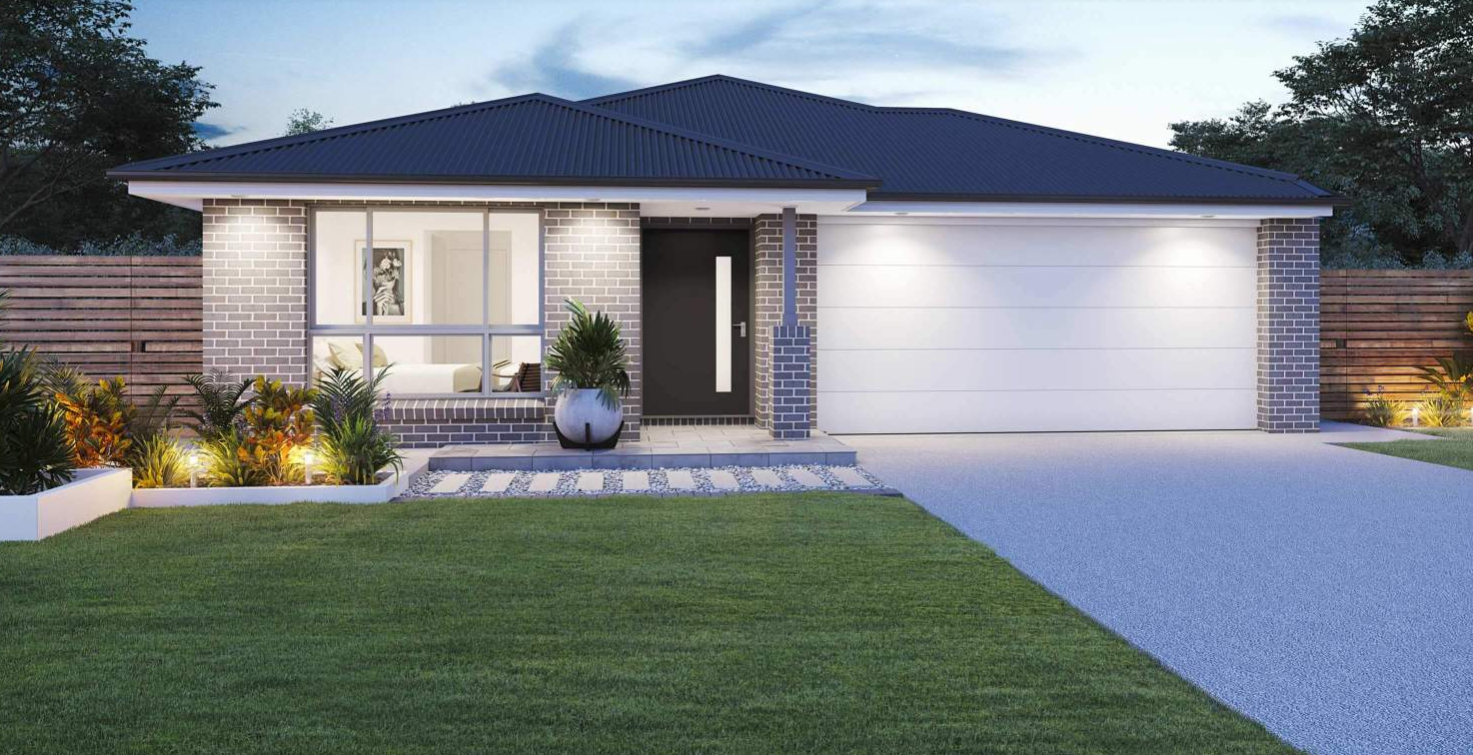 Modern single-story house with a brick facade, large windows, and a double garage. The front yard features a manicured lawn and landscaped plants with outdoor lighting.