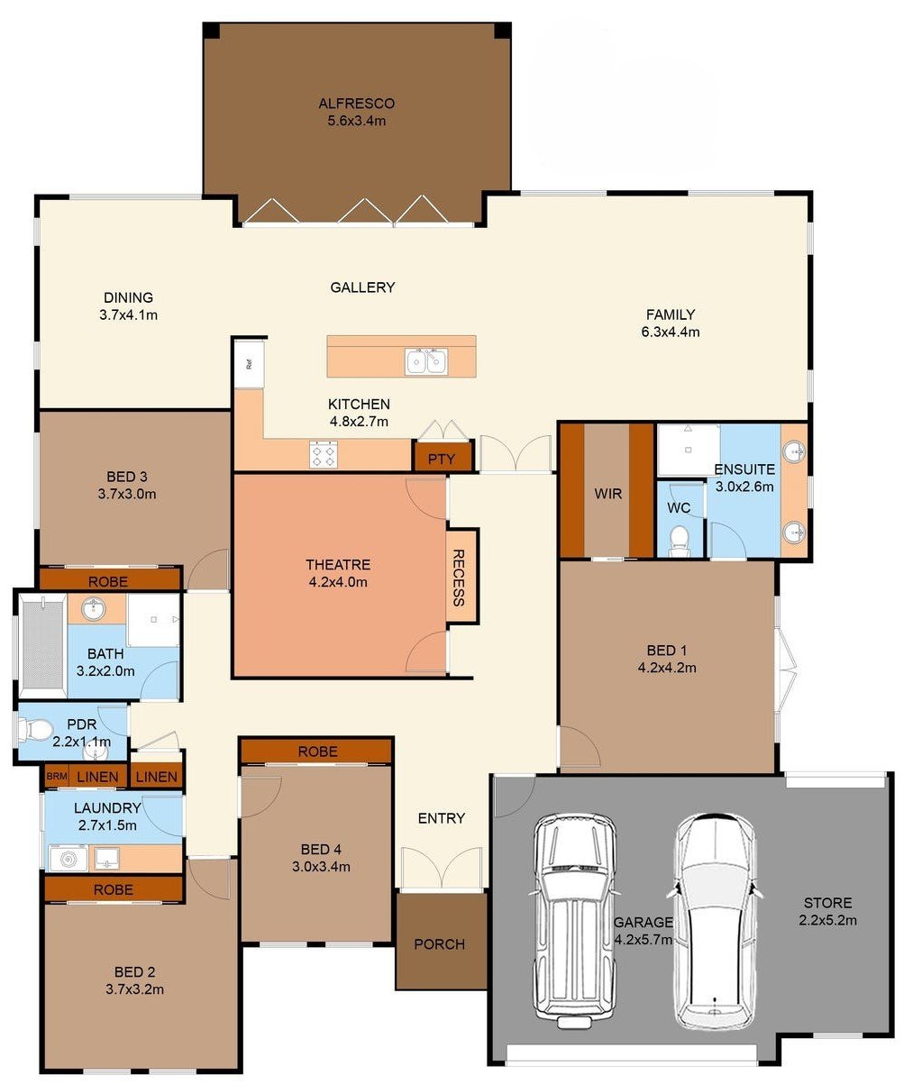 Detailed house floor plan with labeled rooms including garage, entry, theater, alfresco, gallery, kitchen, dining, family room, four bedrooms, bathrooms, and laundry.