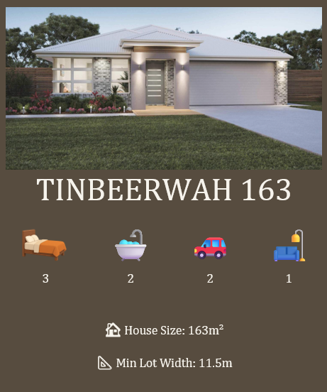 Single-story house with a modern design featuring a garage, front lawn, and garden. The listing indicates "Tinbeerwah 163" with details: 3 bedrooms, 2 bathrooms, 2-car garage, 1 living room, house size 163 square meters, and minimum lot width of 11.5 meters.