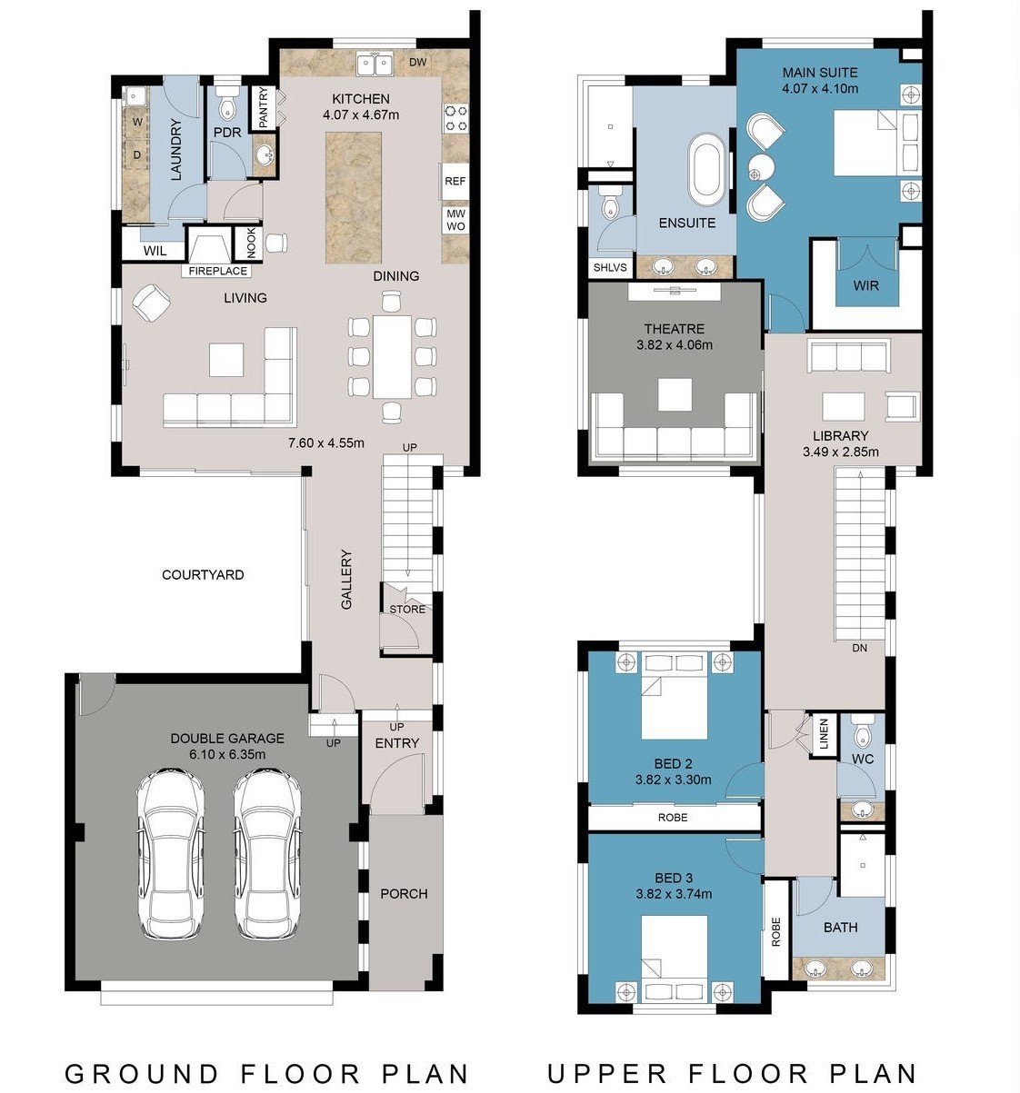 Two-level house floor plan showing a ground floor with a double garage, living room, kitchen, dining area, laundry, and a courtyard; and an upper floor with a main suite, two bedrooms, a library, theater, bathroom, and WC.