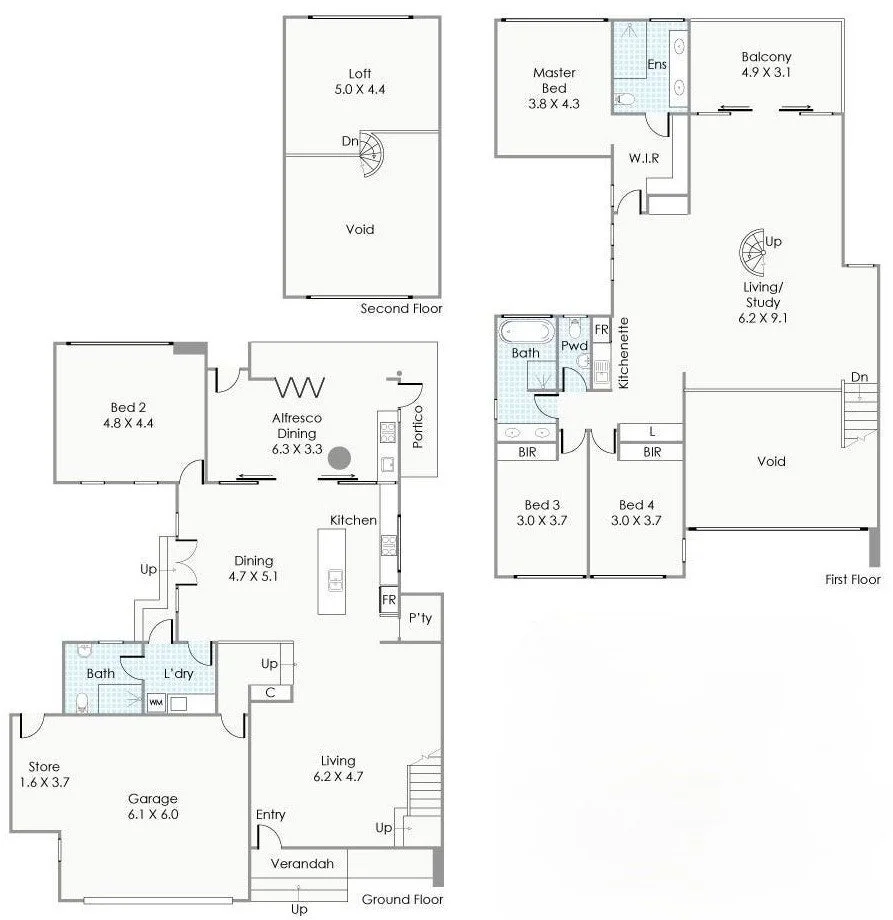 Architectural floor plan of a multi-level house with labeled rooms and dimensions including bedrooms, bathrooms, kitchen, living areas, dining areas, garage, and loft.