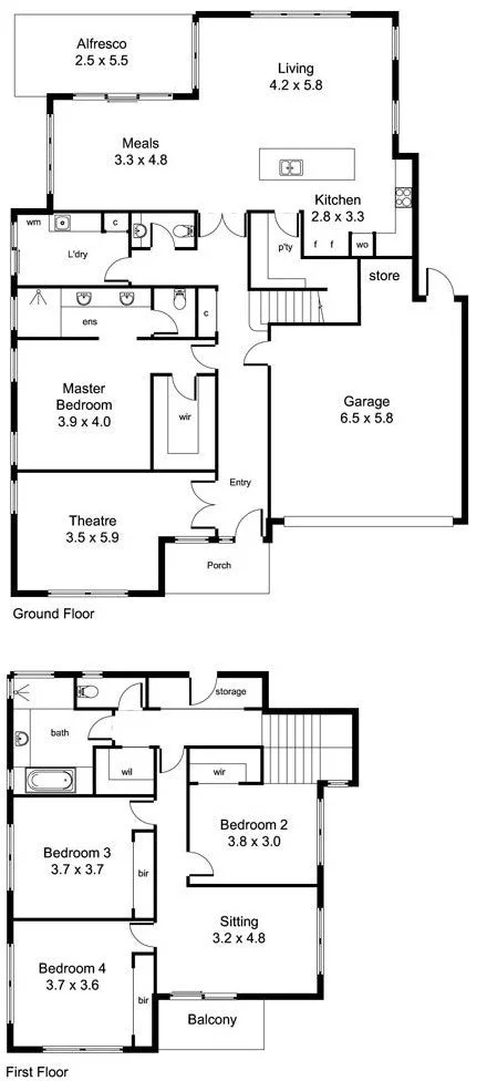 Two-story house floor plan with labeled rooms, including alfresco, living, meals, kitchen, master bedroom with ensuite, theater, garage on the ground floor; and bedrooms, sitting area, and balcony on the first floor.