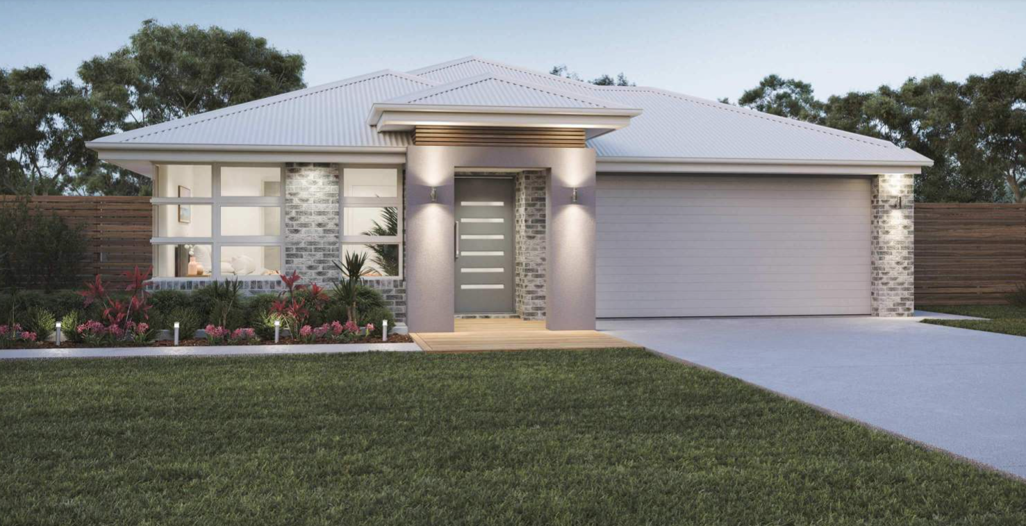 Modern single-story house with a brick exterior, large windows, and a two-car garage, set against a landscaped yard and surrounded by trees.