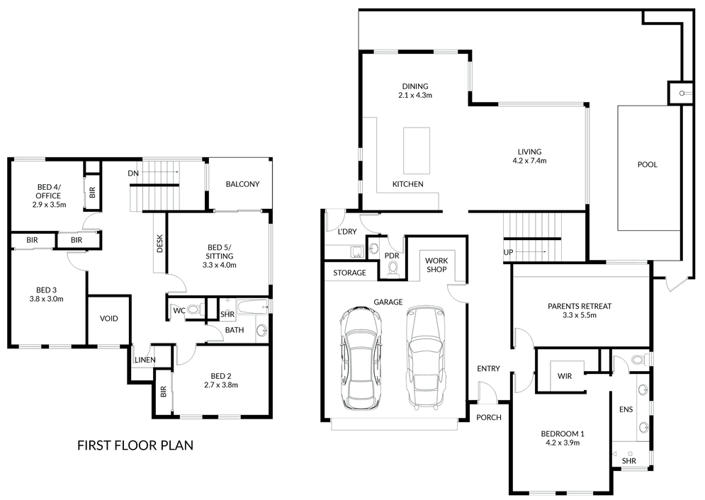 Architectural floor plan of a two-story house with details of rooms on each floor, including living areas, bedrooms, bathrooms, kitchen, garage, and pool area.