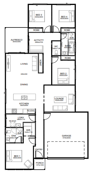 House floor plan showing layout of rooms including living, dining, kitchen, garage, four bedrooms, two bathrooms, laundry, alfresco, activity room, lounge, and entryway.