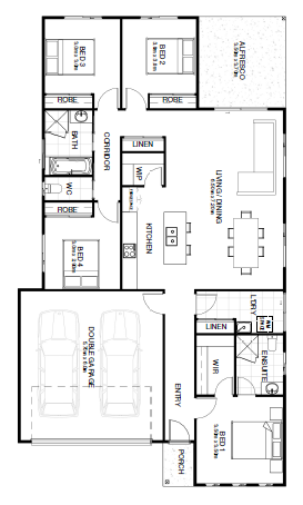 Architectural floor plan of a single-story house featuring a double garage, entry porch, three bedrooms with robes, two bathrooms, a kitchen, a laundry room, linen closet, living/dining area, and an alfresco area.
