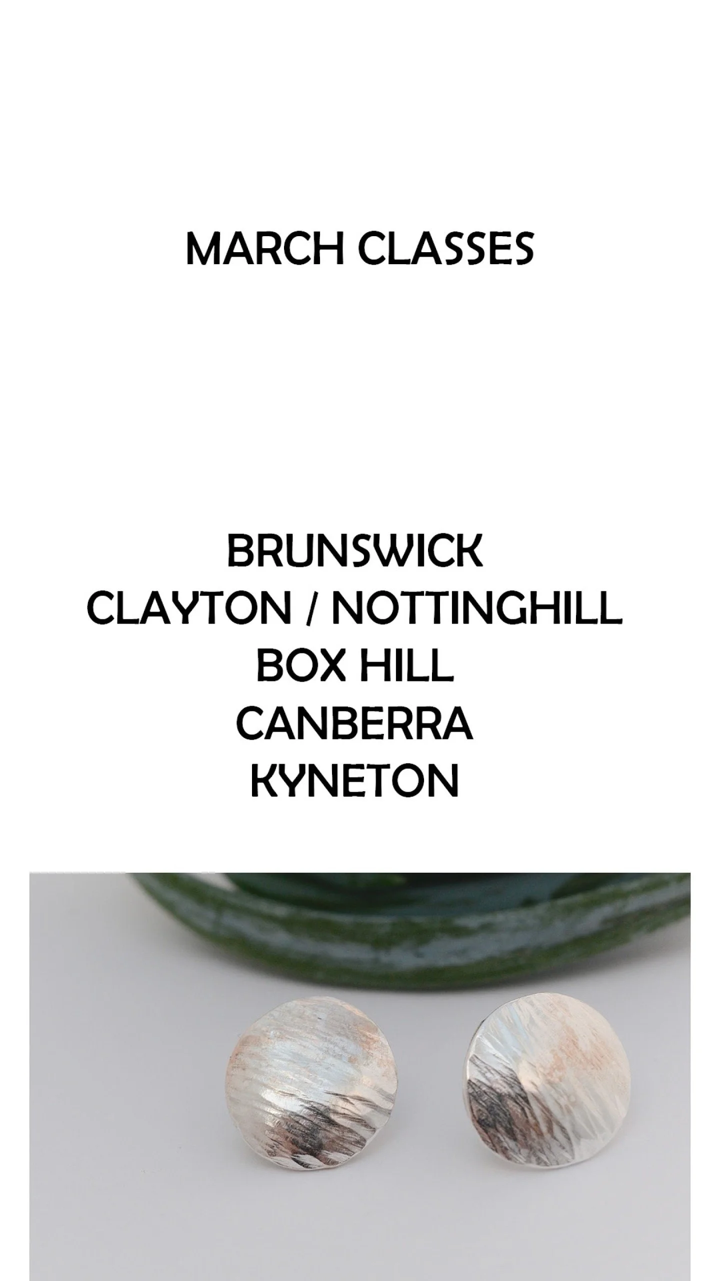 Feb dates are filling fast so here are your March dates.

I am watching silver prices closely, and anticipate that all silver classes will need to increase to cover material costs. 

I think silver is a beautiful material to work with, its precious a