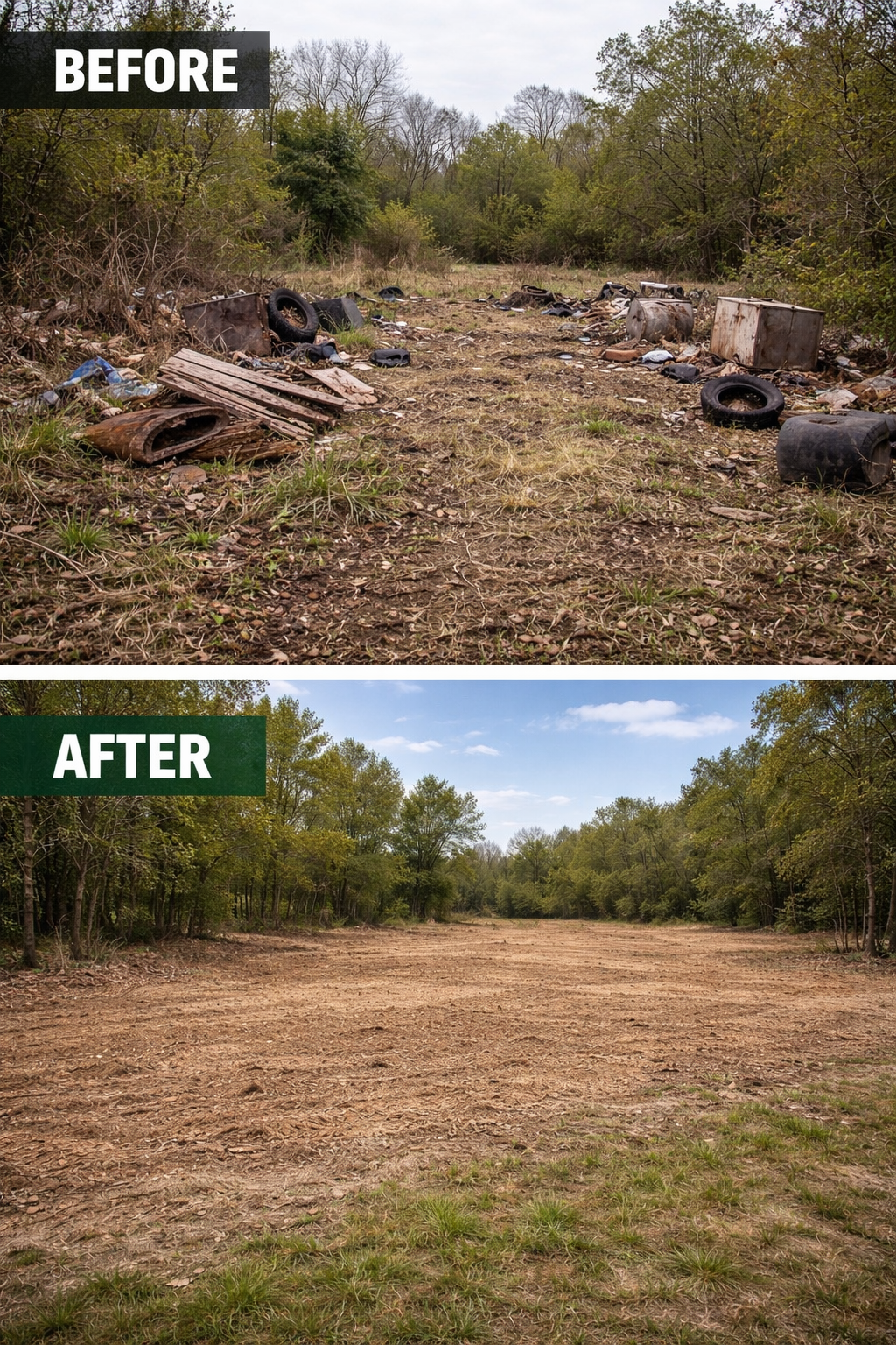 Before image shows a littered outdoor area with trash, tires, and debris. After image shows the same area cleaned up, with cleared ground and surrounded by trees.