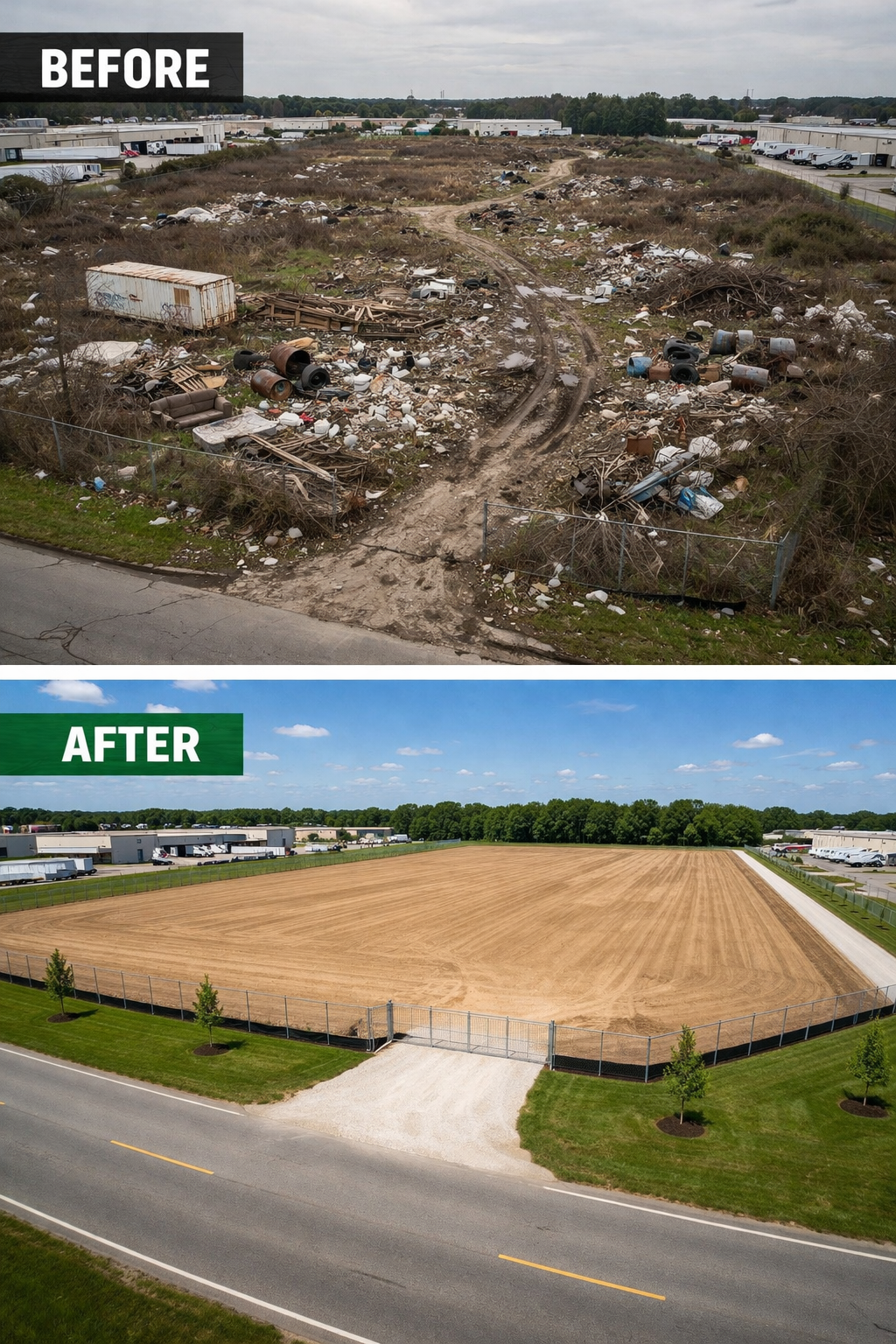 Side-by-side comparison of a vacant lot before and after land clearing; the 'before' image shows debris and overgrown vegetation, while the 'after' image displays a clean, leveled grassy area enclosed by a fence.