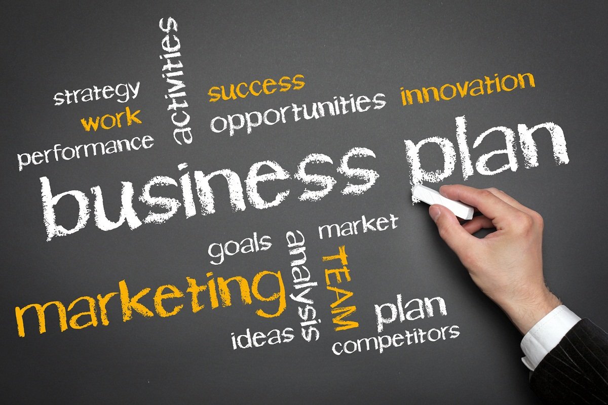 A person's hand erases part of a chalkboard filled with words related to business and marketing, such as 'business plan,' 'marketing,' 'strategy,' 'performance,' 'success,' 'innovation,' and 'competitors.'