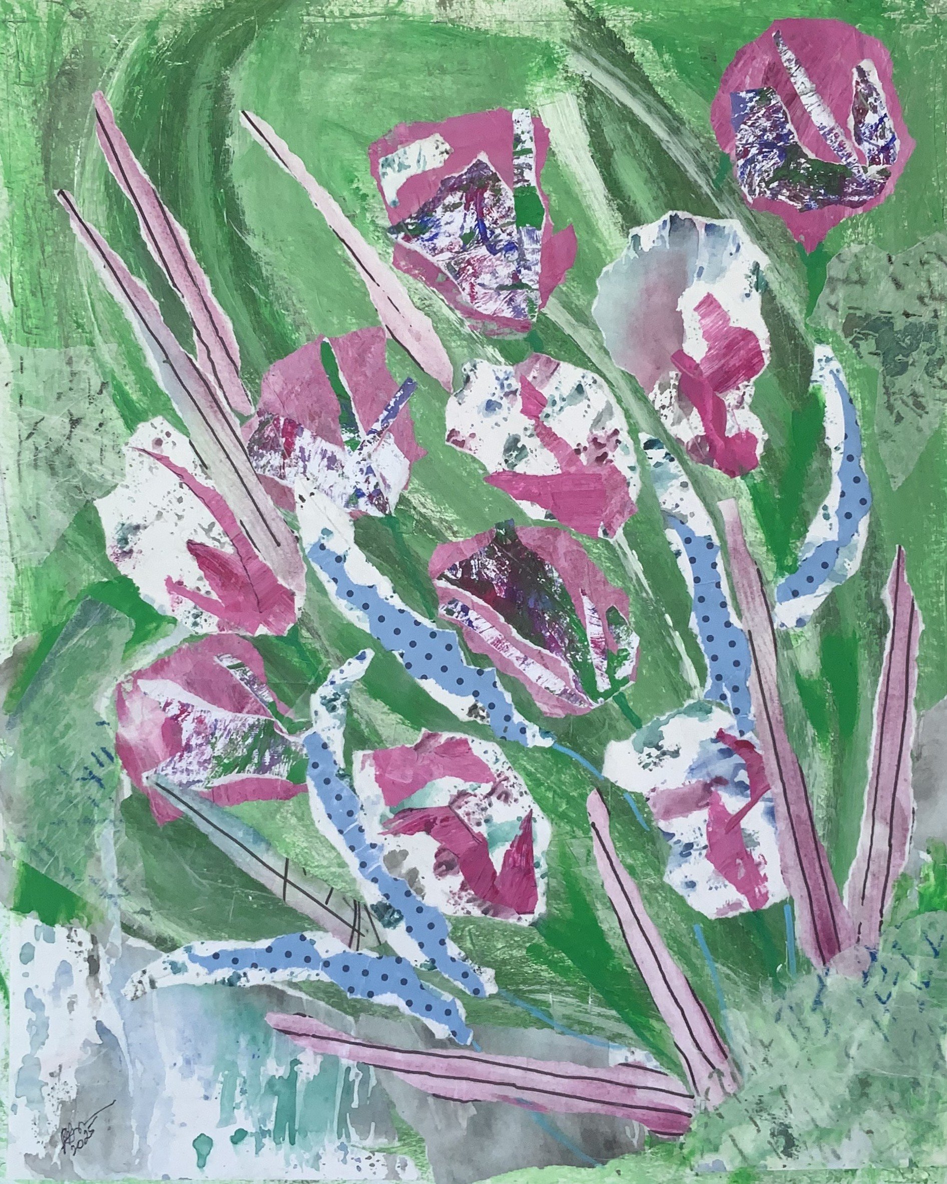 Abstract painting of pink and purple flowers with green background
