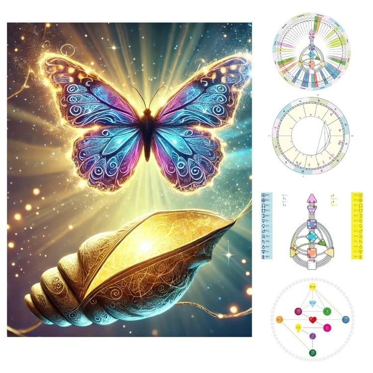 Colorful fantasy butterfly emerging from an illuminated decorative shell, with abstract charts and diagrams on the side.