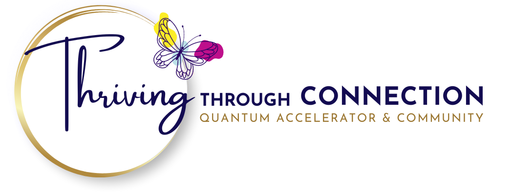Logo for "Thriving Through Connection: Quantum Accelerator & Community" with a colorful butterfly design.