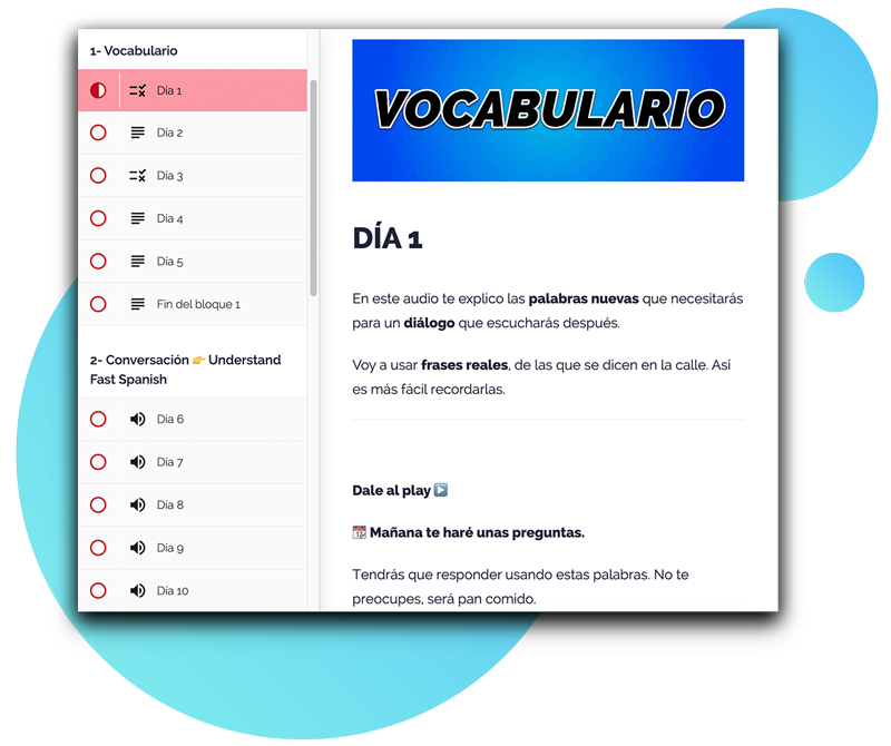Bloque de Vocabulario de Spanish Step by Step para activar palabras reales y hablar español con agilidad mental.