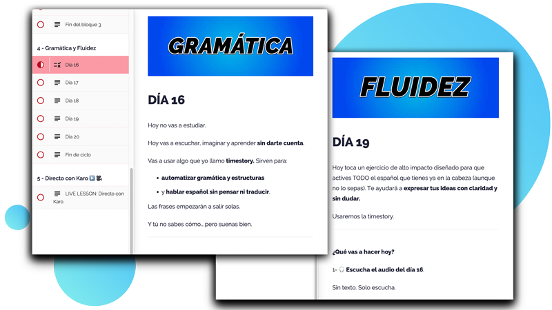 Secciones de Gramática Automática y Fluidez de Spanish Step by Step para automatizar estructuras y hablar con claridad y sin dudar.