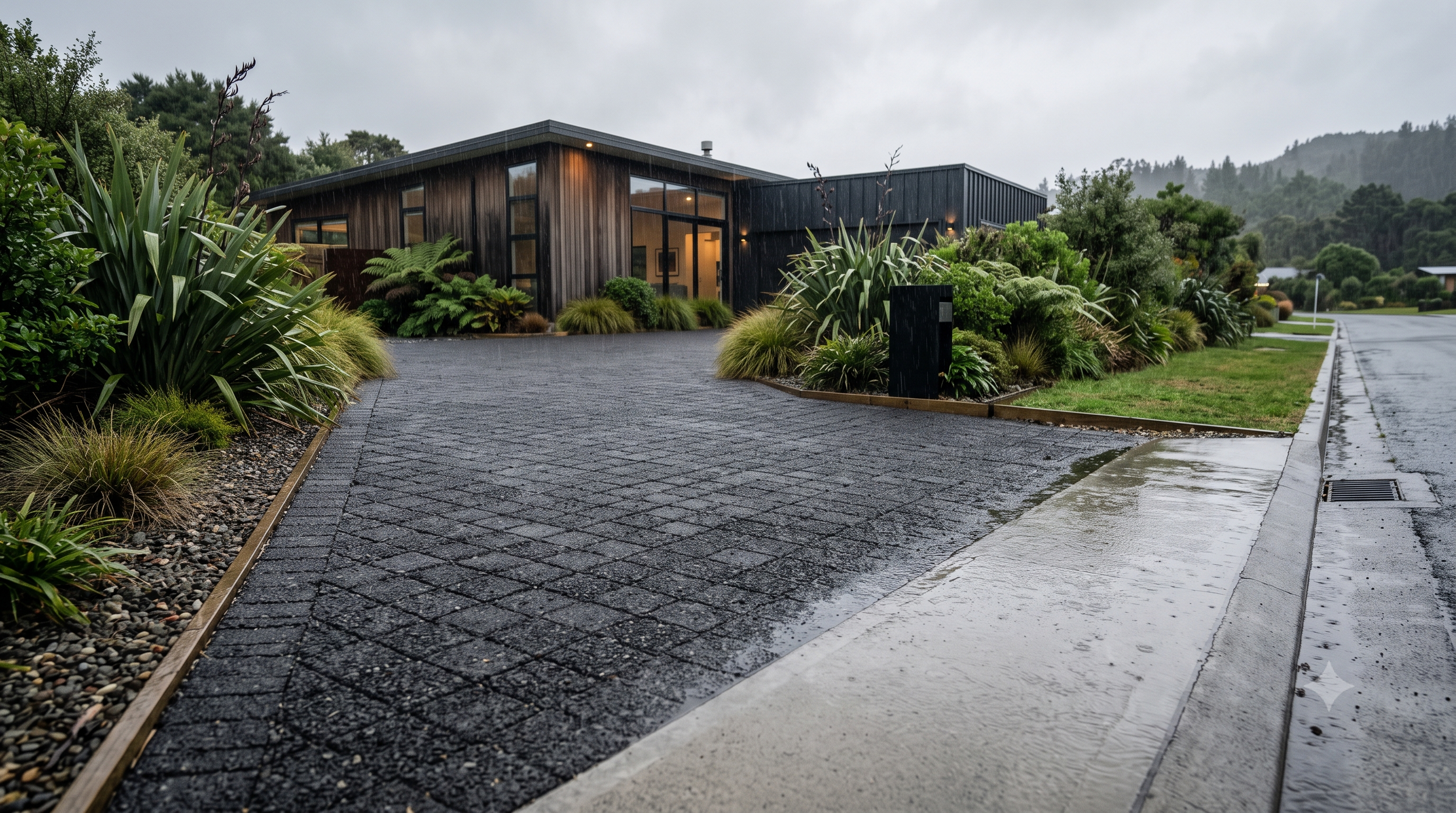Permeable paving on a modern New Zealand driveway soaking up rainwater, with no puddles or runoff to the street.