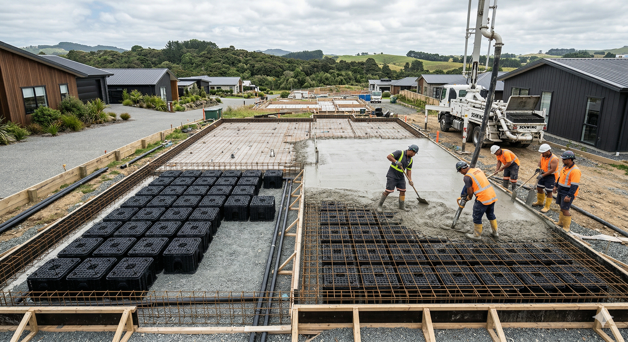 Modular stormwater detention pods embedded beneath a concrete slab on a residential construction site in New Zealand