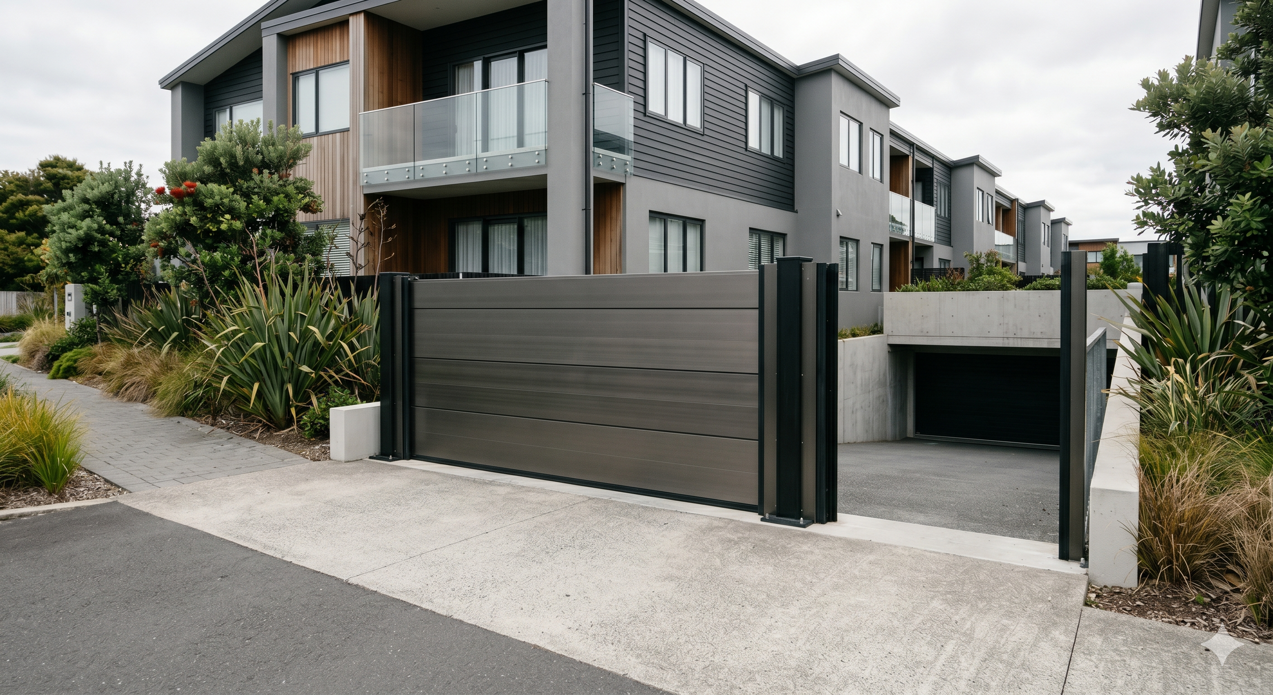 Permanent FloodFree aluminium flood barrier installed across a modern New Zealand residential driveway, deployed and ready.