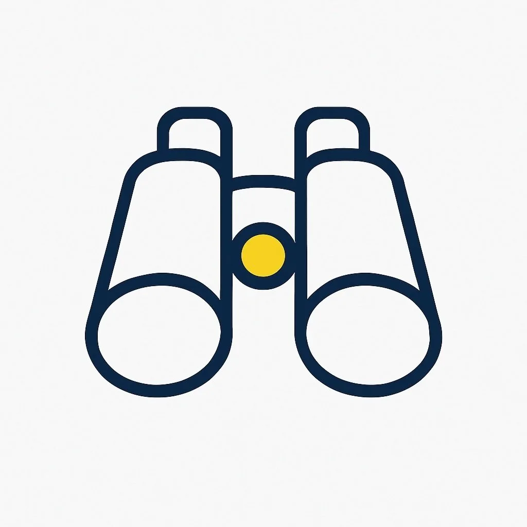 Line-art binoculars icon representing clarity and strategic insight in Lighthause’s AI-powered coaching services