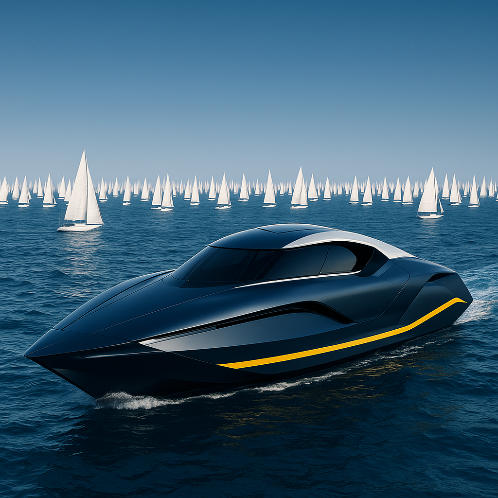 Futuristic navy-yellow yacht among 1700s wooden sailing ships on the open ocean, symbolizing Lighthause’s AI-powered marketing innovation