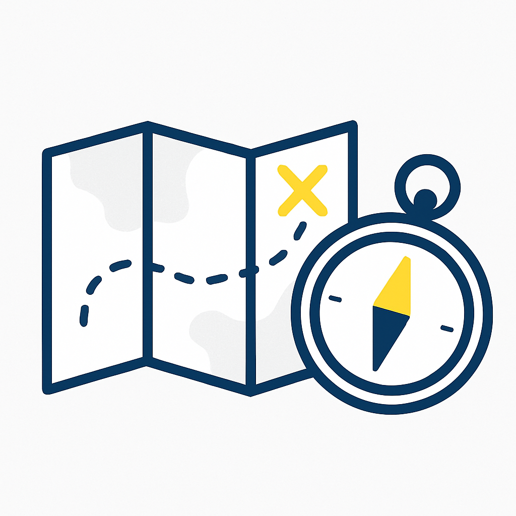 Stylized map with dotted path and compass — Lighthouse navigation motif for business coaching