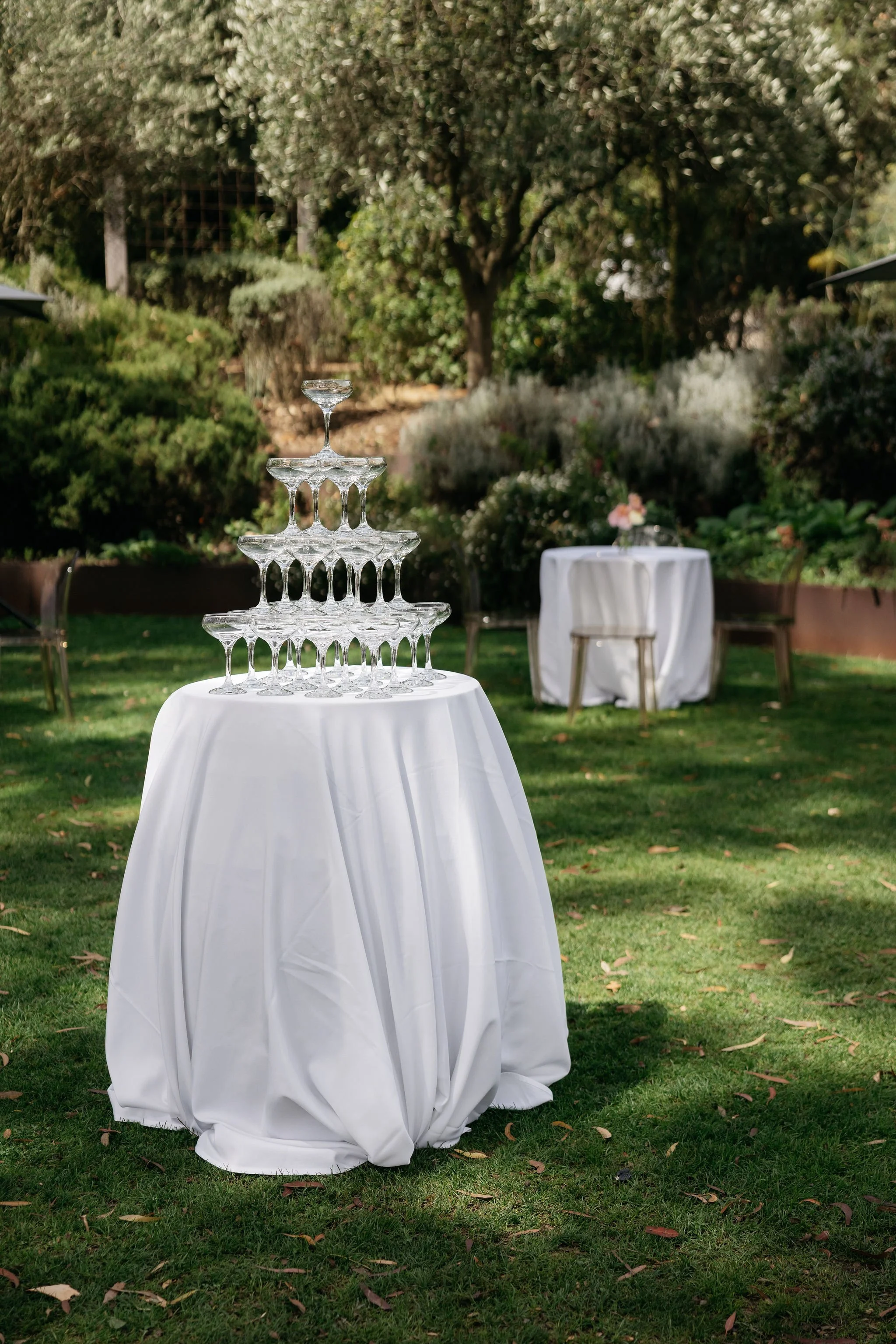 Outdoor champagne tower at Polperro set on white linens beneath the surrounding trees, styled by Poppy Culture and captured by Ali Bailey.