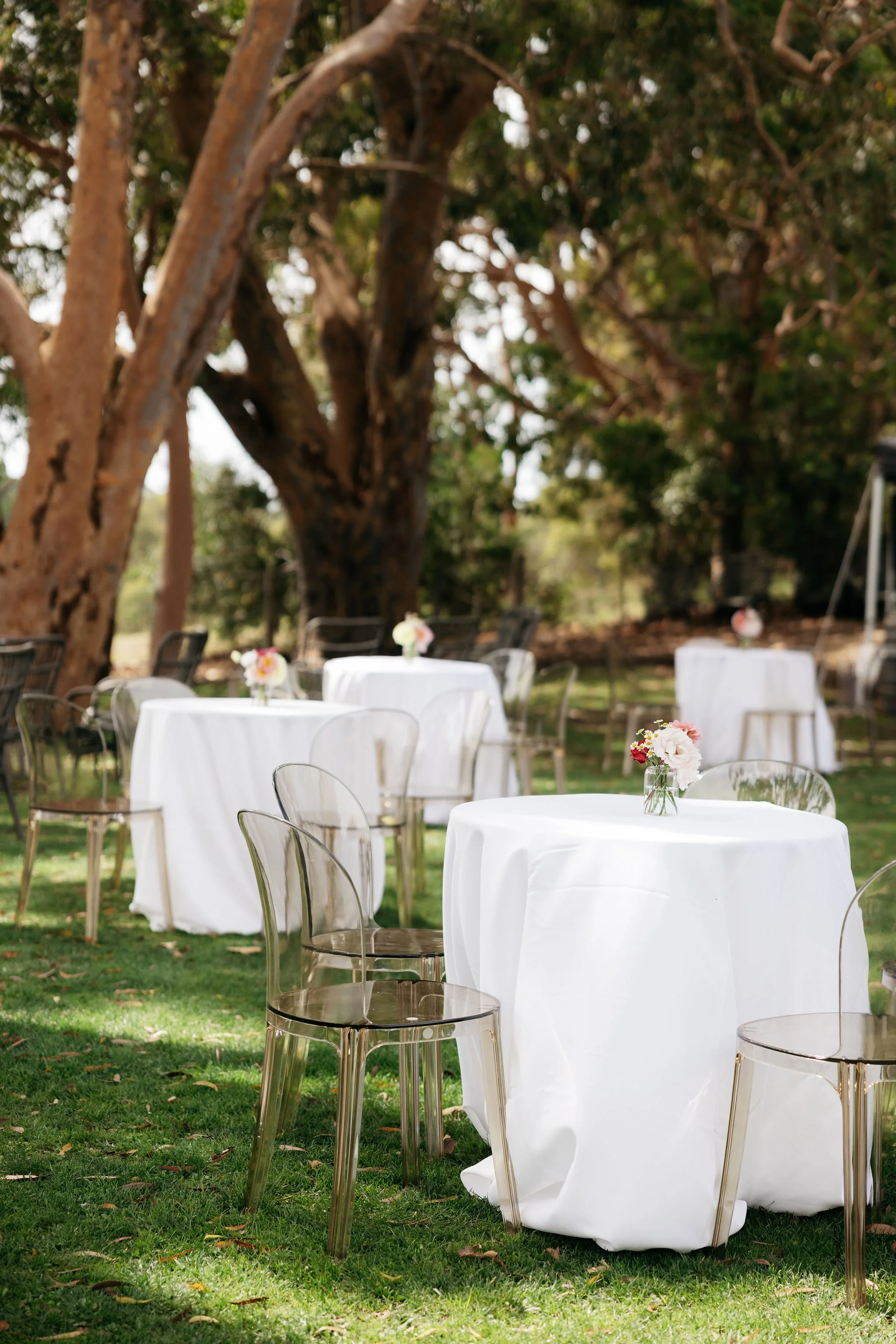 Outdoor garden reception at Polperro with round tables dressed in white linens and pastel floral centerpieces, styled by Poppy Culture and captured by Ali Bailey beneath the surrounding trees