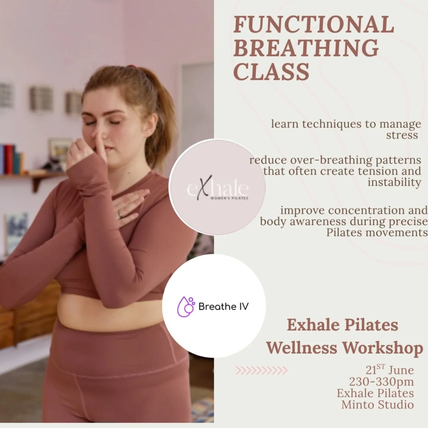 This Saturday!
Join me at @exhale_womenspilates for their Wellness workshop!
Together, we will learn all about:
▫️Functional breathing
▫️Techniques to manage stress
▫️Practical tools for your pilates workouts and everyday life!
This workshop is