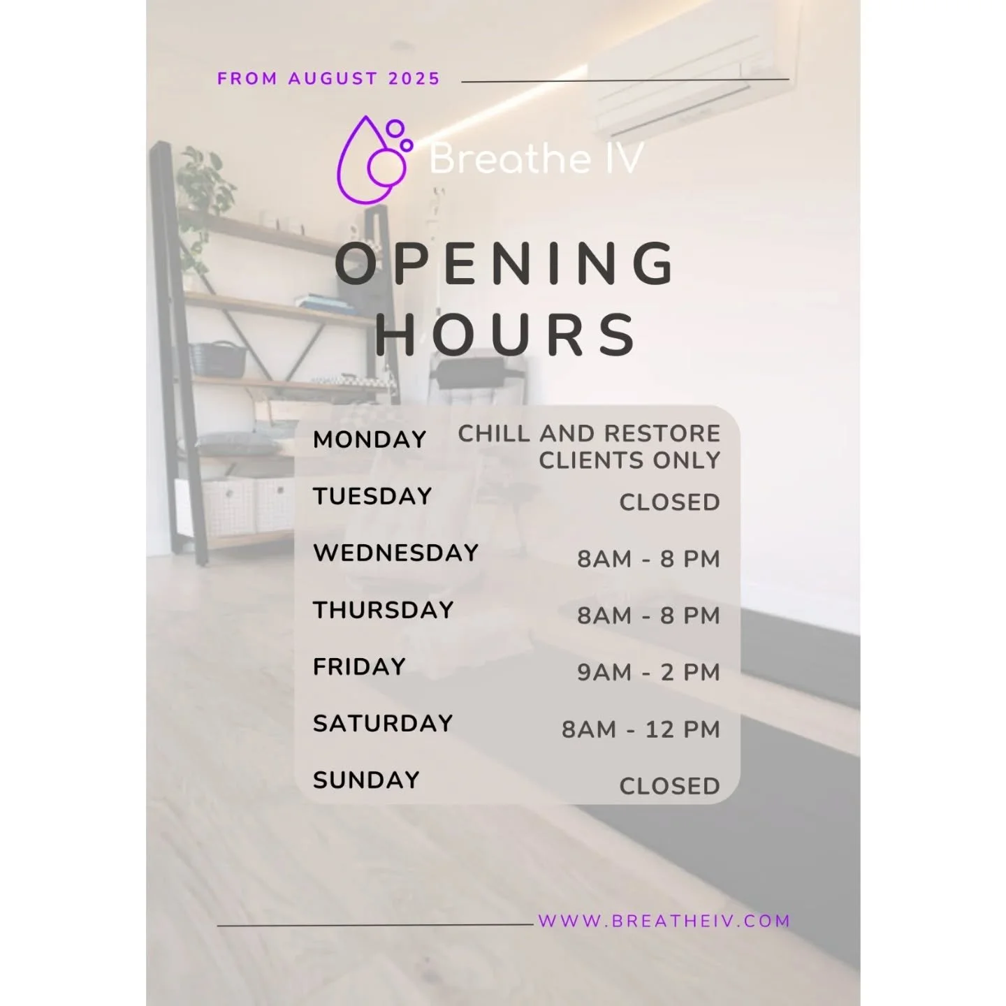 UPDATED OPENING HOURS AUGUST 2025
I'm not ready to leave the hospital nursing life just yet.... so these hours give me the opportunity to pursue all my passions and look after you best.
Mondays will be reserved for chill and Restore clients as well