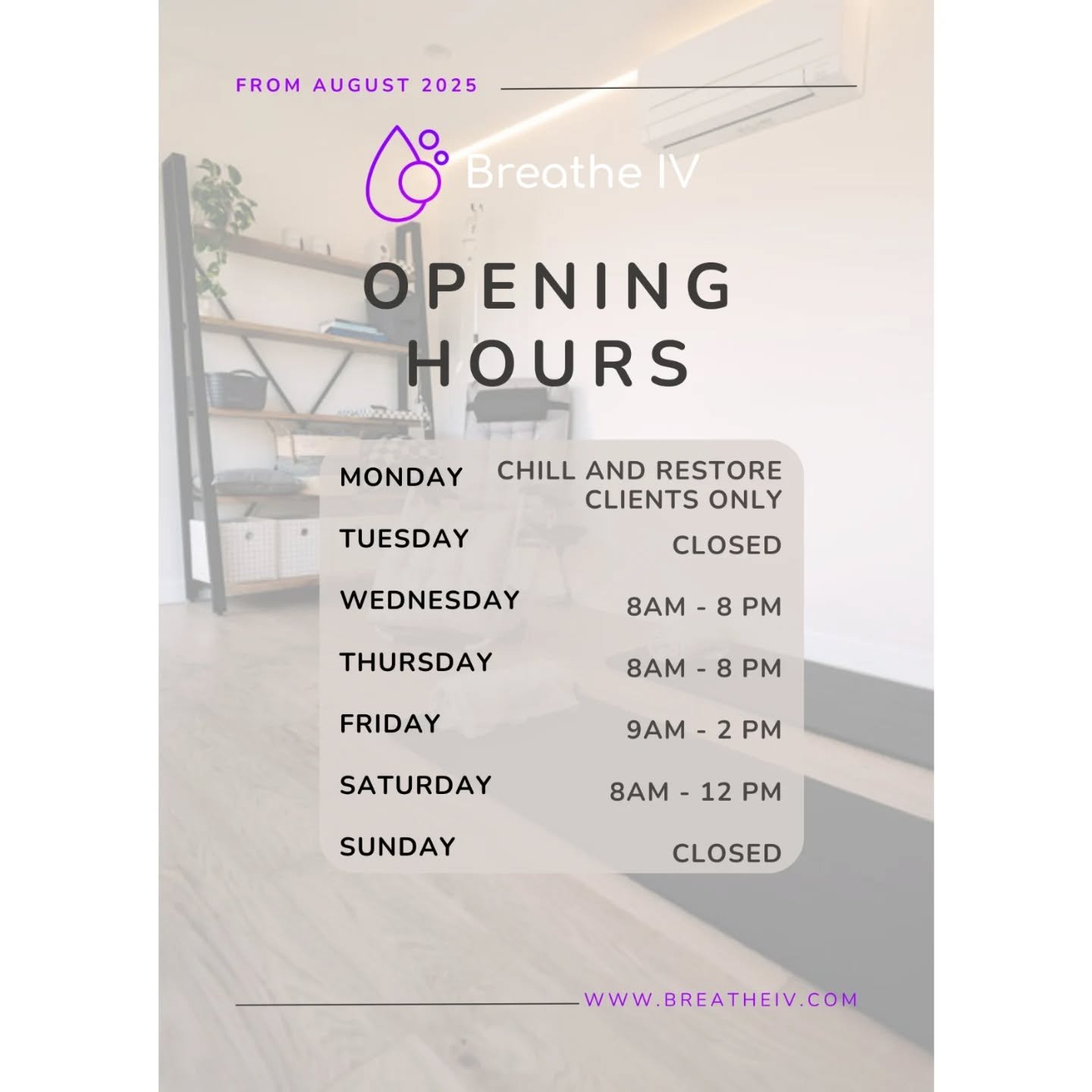 UPDATED OPENING HOURS AUGUST 2025
I'm not ready to leave the hospital nursing life just yet.... so these hours give me the opportunity to pursue all my passions and look after you best.

Mondays will be reserved for chill and Restore clients as well 