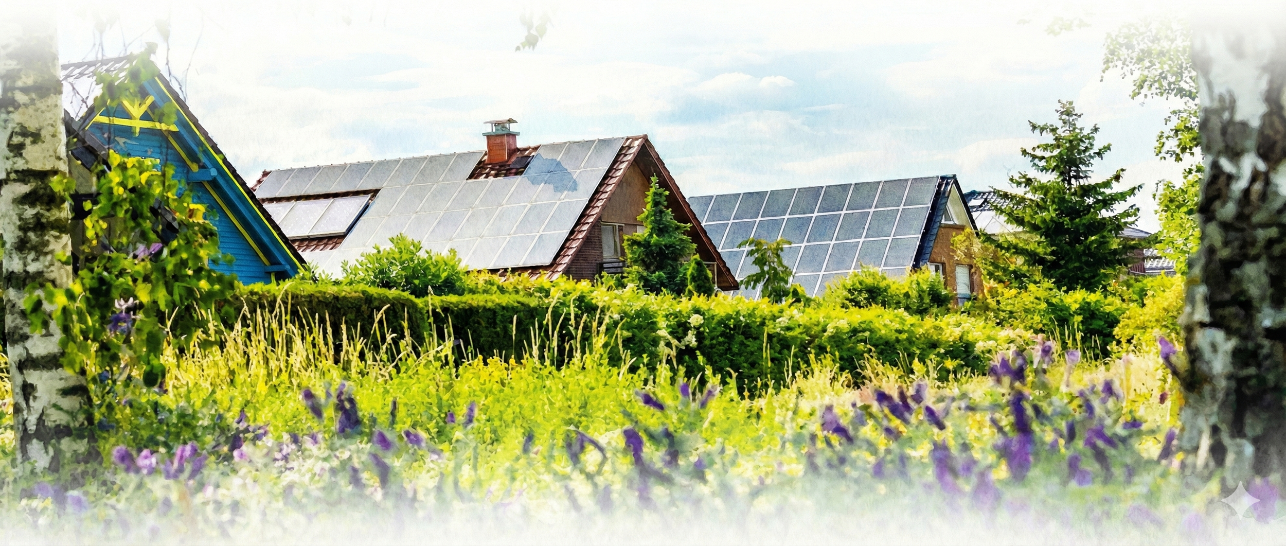 Drei Häuser mit Solardächern in einem grünen Garten mit Blumen und Bäumen, blauer Himmel mit Wolken - MIGA Consulting.