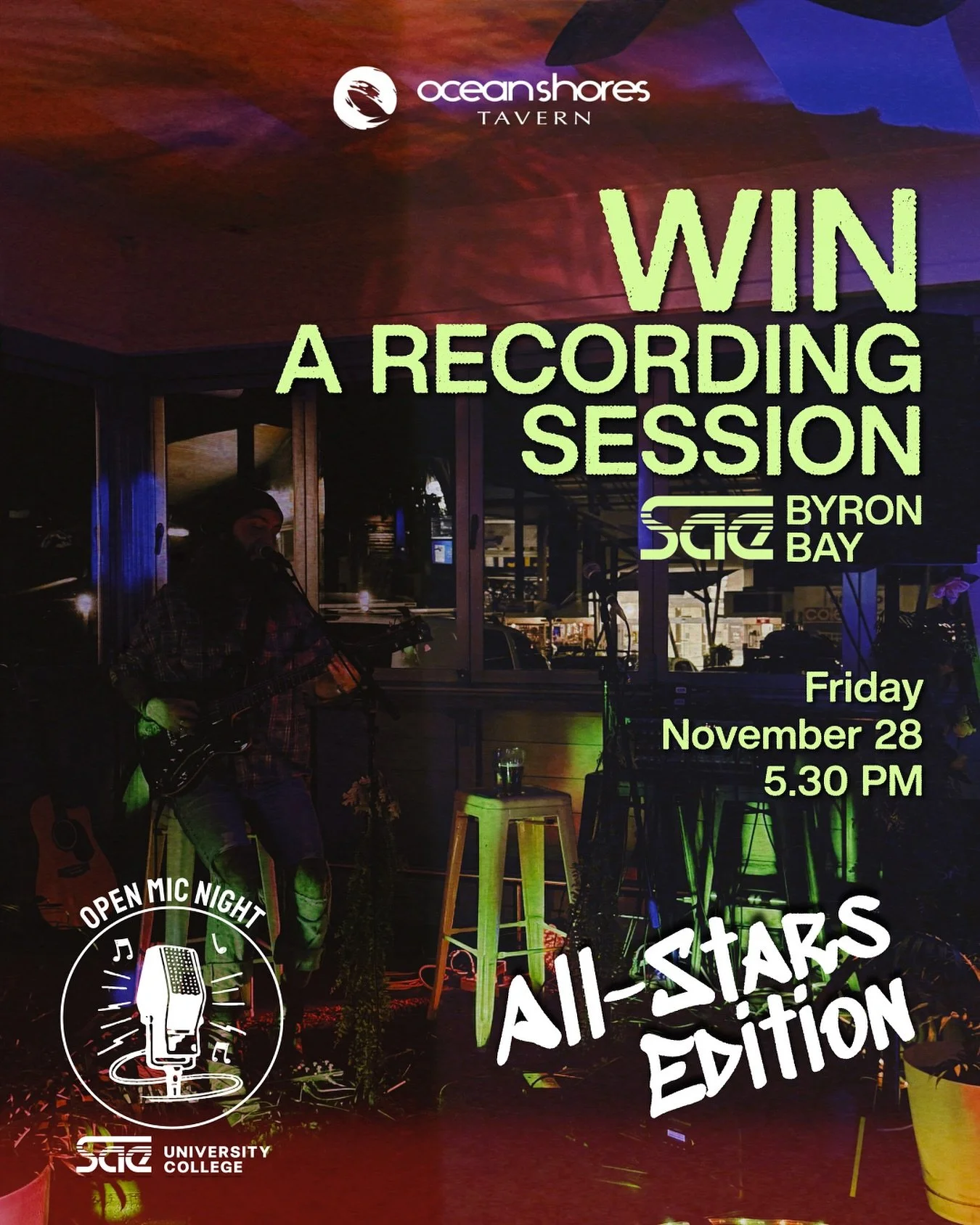 Open Mic Grand Finale

All the winners from this year&rsquo;s open mics are back for one epic night, and they&rsquo;re battling it out for a recording session at SAE Byron Bay.

It&rsquo;s the best of the best - la cr&egrave;me de la cr&egrave;me - a