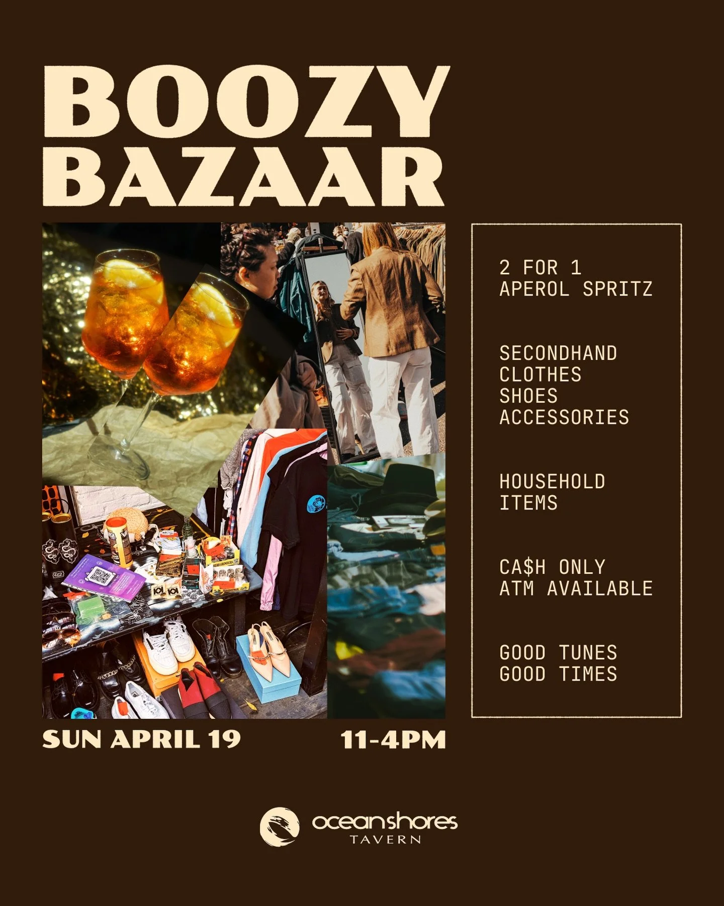 On the deck, 11am - 4pm 🍹

A relaxed Sunday afternoon of secondhand clothing, accessories, shoes &amp; homewares, with 2-for-1 Aperol spritz running alongside.

Cash only for purchases (ATM available).

Good tunes, a little treasure hunt, and a drin