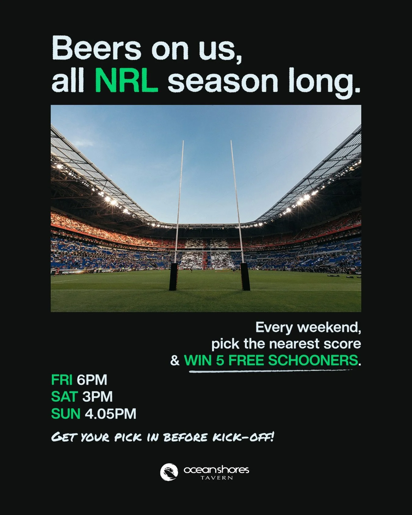 Get in before kick-off to pick the score for free.
Stay &lsquo;til full time wins 5 beers on us! 🍻