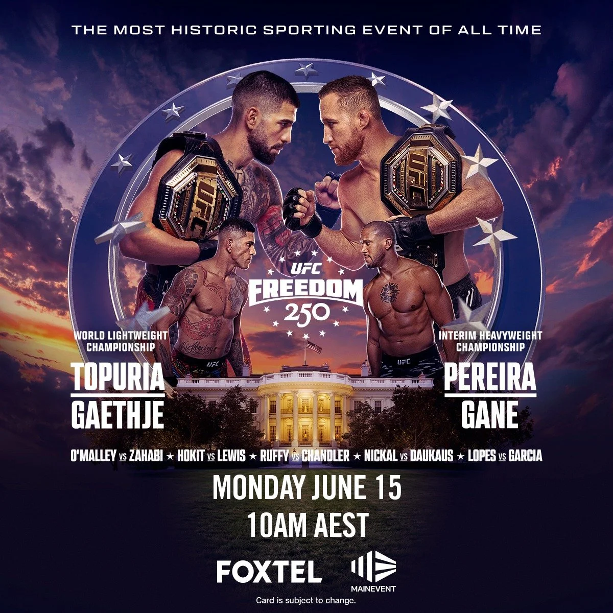 UFC FREEDOM 250 👊
The most historic sporting event of the year is going down LIVE + LOUD right here!!

UFC RAFFLE - 1 ticket w every drink purchase 
You can win up to 
5 x free drinks 
$60 Tav Gift Card