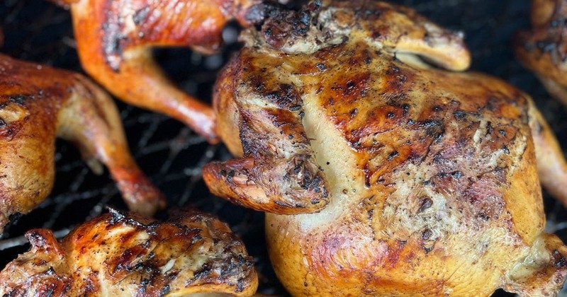 Grilled seasoned chickens on a barbecue grill