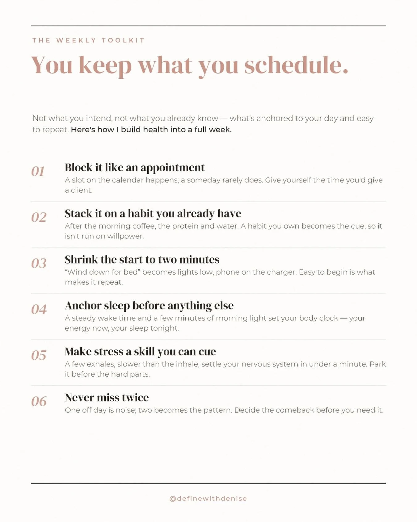 Define scheduling in you.

You keep what you schedule. Not what you mean to do, not what you already know you should &mdash; what actually has a place in your day.

That&rsquo;s the part nobody tells the people who take care of everyone else: the pro