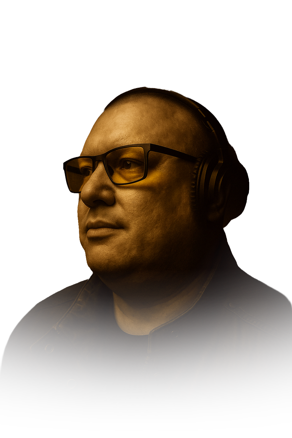A man wearing glasses and headphones, looking to the left, with a black background.