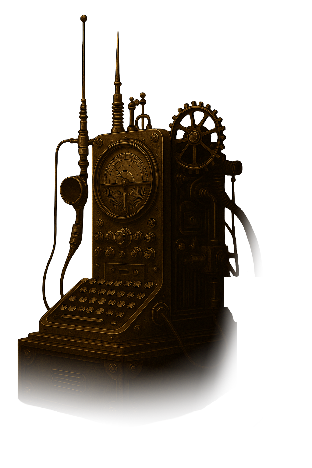Steampunk telephone with gears and dials.