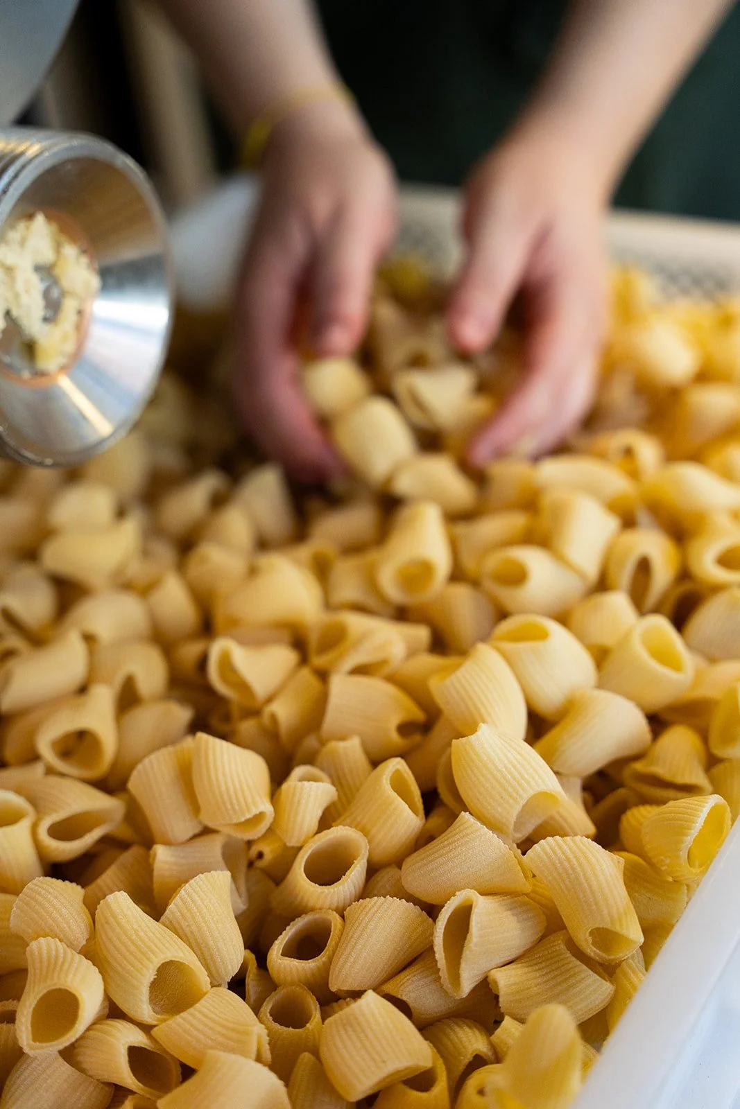 Hænder i en stor bakke frisklavet rigatoni hos Il Mattarello i Torvehallerne