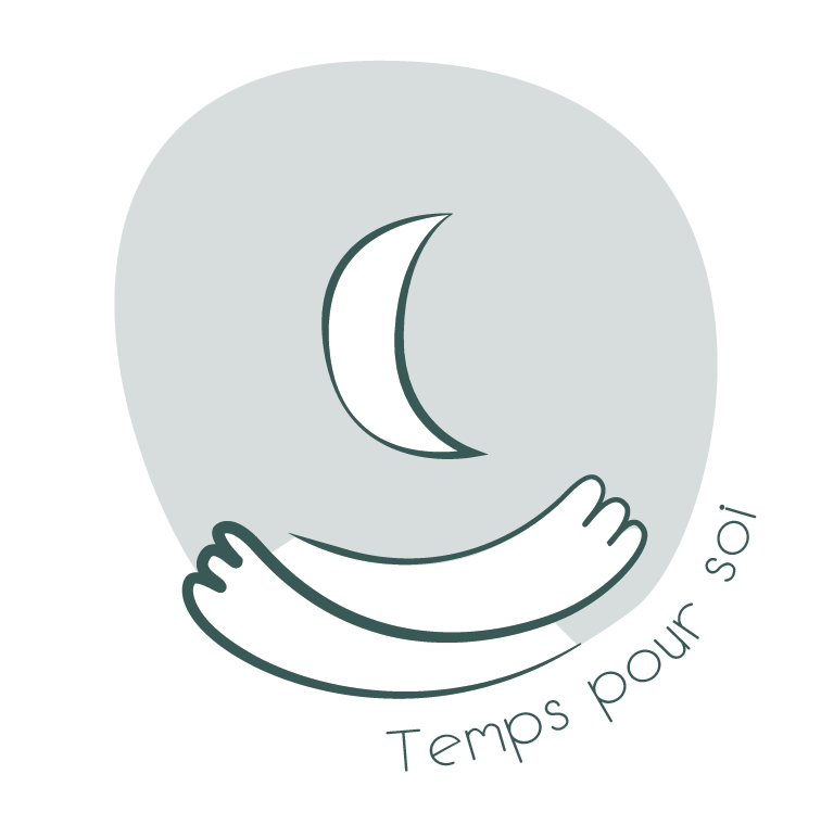 Logo avec un croissant de lune blanc entouré de deux bras qui se croisent et le texte 'Temps pour soi' en dessous.