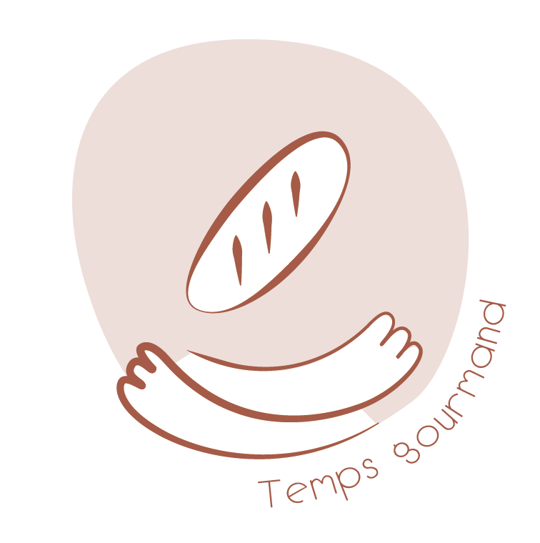 Une illustration minimaliste d'un pain avec une feuille de basilic, entourée d'un bras stylisé et la phrase 'Temps gourmand' en bas à droite.