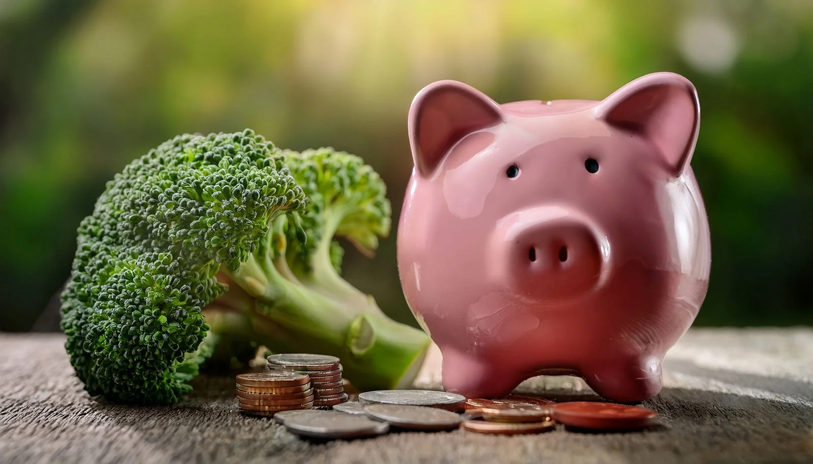 Broccoli and Piggy Bank on table